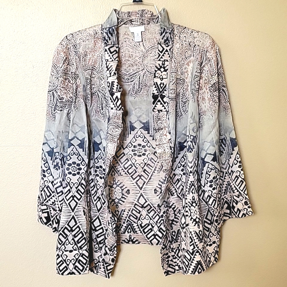 Chico's Linen Blend Tribal Geometric Ruffle Open Front Jacket - Size 3 (XL)